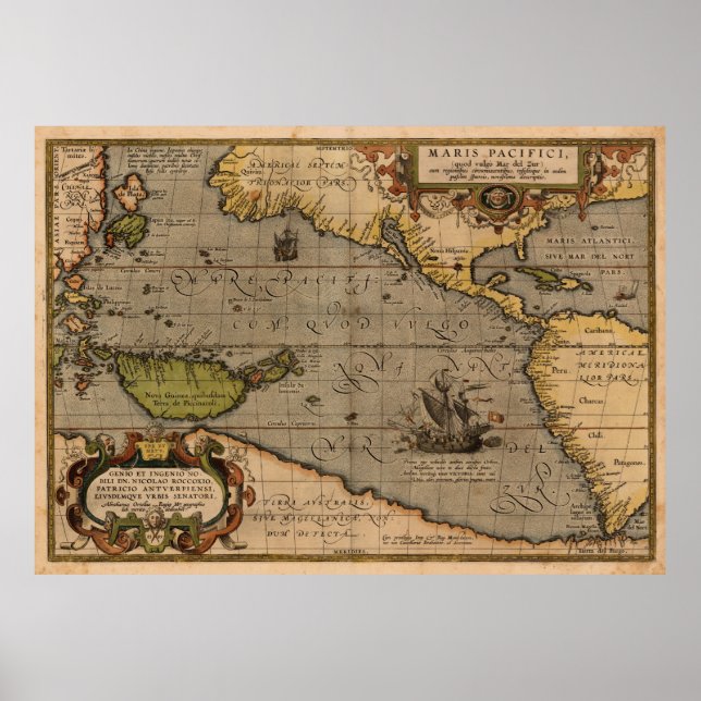 Poster Carte antique d'Ortelius de la mer du Pacifique (Devant)