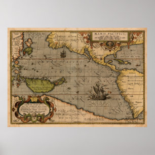 Poster Carte antique d'Ortelius de la mer Pacifique
