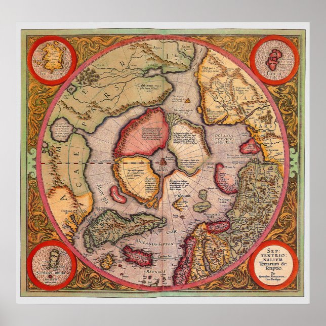 Poster Carte antique du pôle Nord Carte par Mercator (Devant)