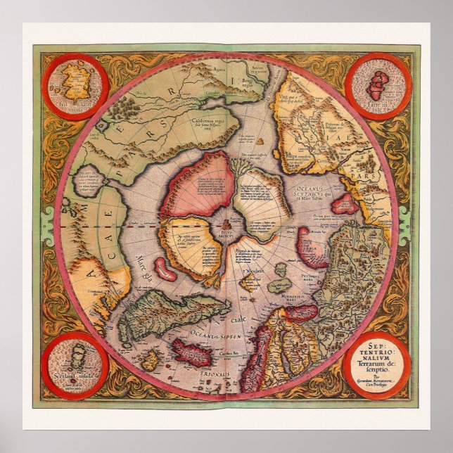 Poster Carte antique du pôle Nord par Mercator (Devant)