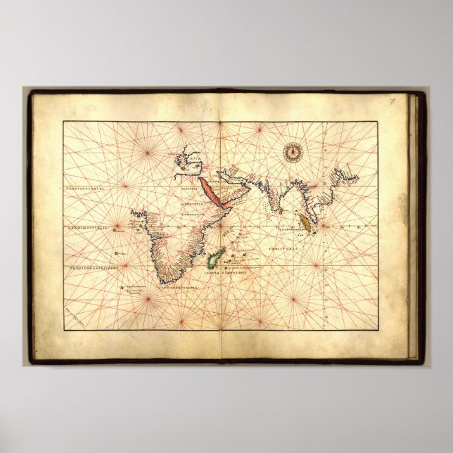 Poster Carte antique Océan Indien Atlas Agnese 1544 A.D. (Devant)