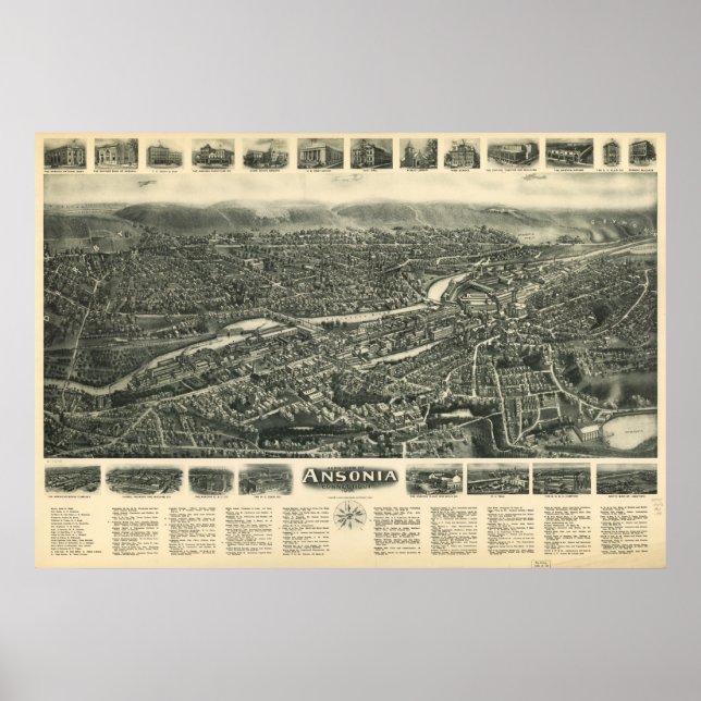 Poster Carte Antique Panoramique Ansonia Connecticut 1921 (Devant)