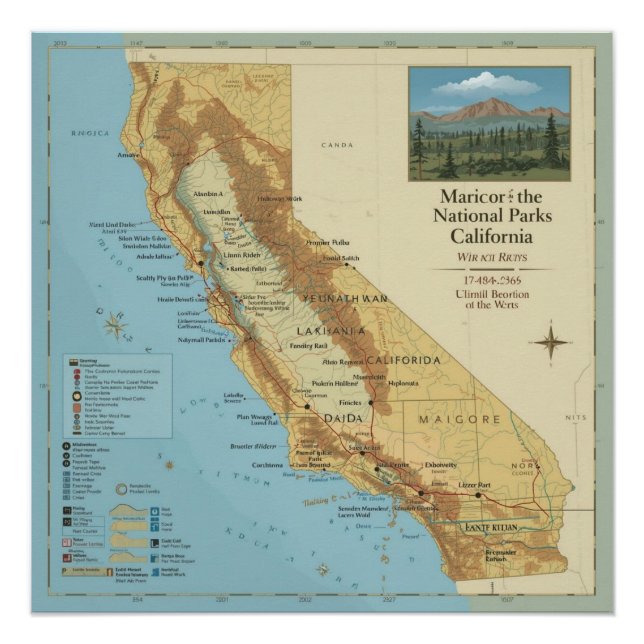 Poster Carte artistique vintage des parcs nationaux de Ca (Devant)