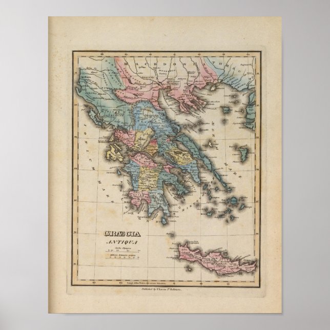 Poster Carte Atlas de la Grèce en couleurs complètes (Devant)