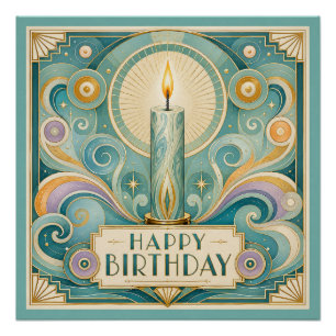Poster Carte d'anniversaire à la bougie illuminée Art Déc
