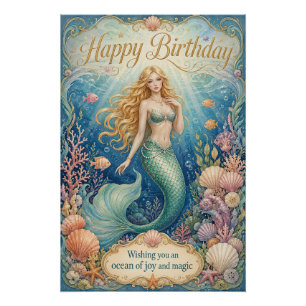 Poster Carte d'anniversaire de sirène enchantée sous les