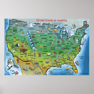 Poster Carte de bande dessinée des Etats-Unis ÉNORME