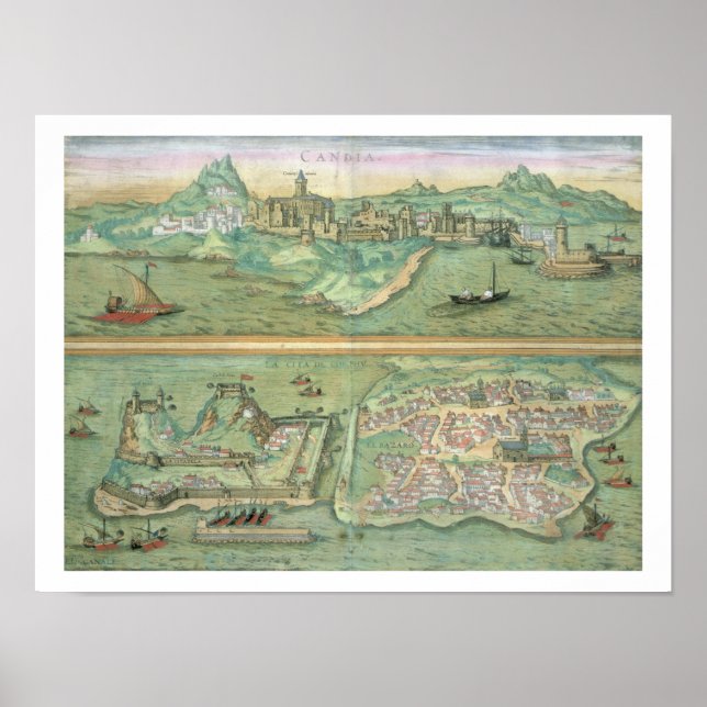 Poster Carte de Candia et Corfou, de 'Civitates Orbis Ter (Devant)