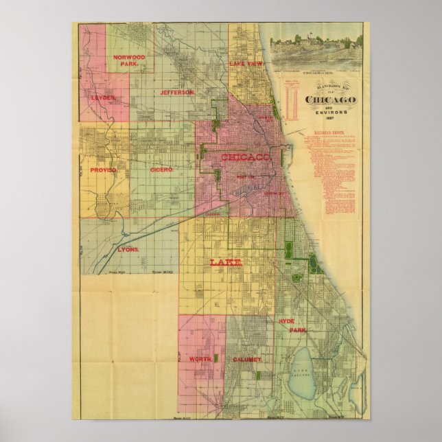 Poster Carte de Chicago et de ses environs par Blanchard (Devant)