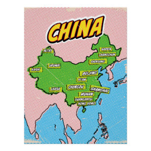 Poster Carte de Chine illustrée par l'art Pop