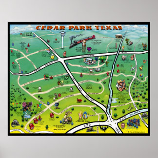 Poster Carte de dessin animé de Cedar Park Texas