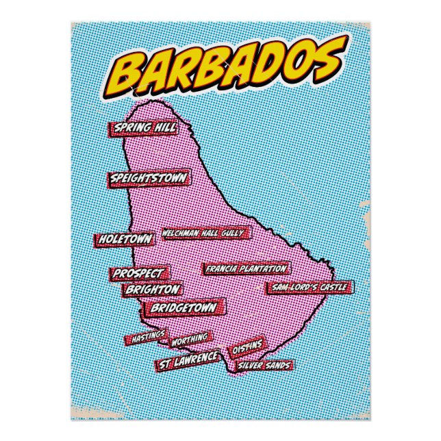 Poster Carte de la Barbade illustrée dans le style Pop Ar (Devant)