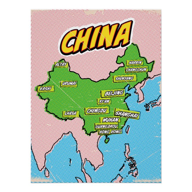 Poster Carte de la Chine illustrée par Pop Art (Devant)