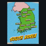 Poster Carte de la Corée du Sud illustrée par Pop Art<br><div class="desc">Une carte pop art de Corée du Sud avec un arrière - plan bleu vif et un motif pointillé.</div>