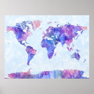 Poster Carte de la peinture d'aquarelle de carte du monde