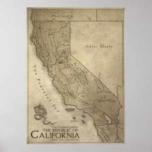 Poster Carte de la Terre Mythique de Californie