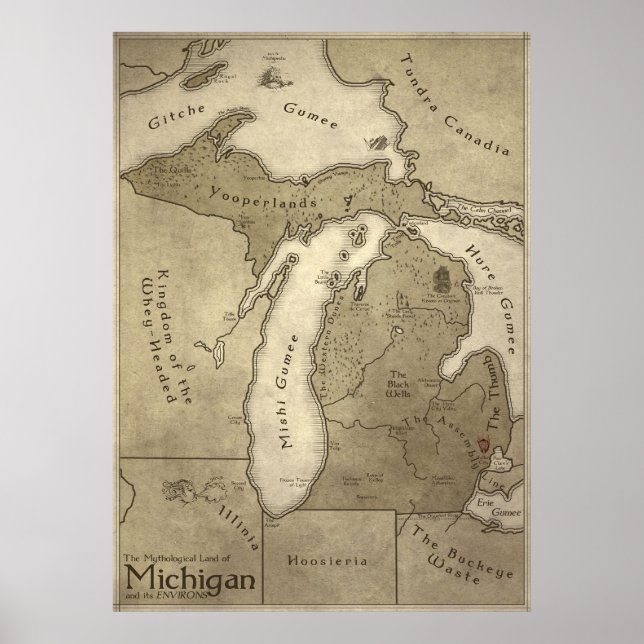 Poster Carte de la terre mythologique du Michigan (Devant)