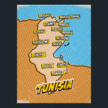 Poster Carte de la Tunisie illustrée par Pop Art<br><div class="desc">Pop Art Illustré Tunisie Carte africaine dans un style vintage et ancien.</div>