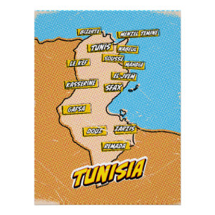 Poster Carte de la Tunisie illustrée par Pop Art