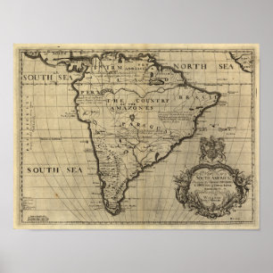 Poster Carte de l'Amérique du Sud vintage, années 1690 (v