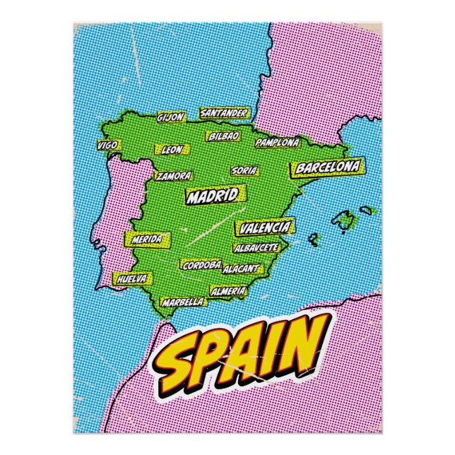 Poster Carte de l'Espagne illustrée par Pop Art (Devant)