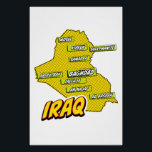 Poster Carte de l'Irak illustrée par Pop Art<br><div class="desc">Cette carte visuellement frappante de l'Irak est une fusion de géographie et d'art pop. Couleurs audacieuses,  imagerie iconique et typographie ludique se réunissent pour créer une pièce unique et captivante.</div>
