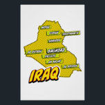 Poster Carte de l'Irak illustrée par Pop Art<br><div class="desc">Cette carte visuellement frappante de l'Irak est une fusion de géographie et d'art pop. Couleurs audacieuses, imagerie iconique et typographie ludique se réunissent pour créer une pièce unique et captivante.</div>