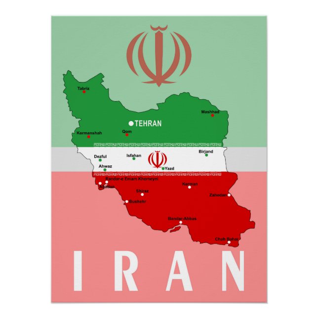 Poster Carte de l'Iran avec drapeau et emblème (Devant)