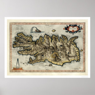 Poster Carte de l'Islande par la carte 1595 de Mercator