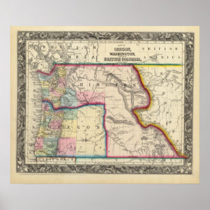 Poster Carte De L'Oregon, Washington
