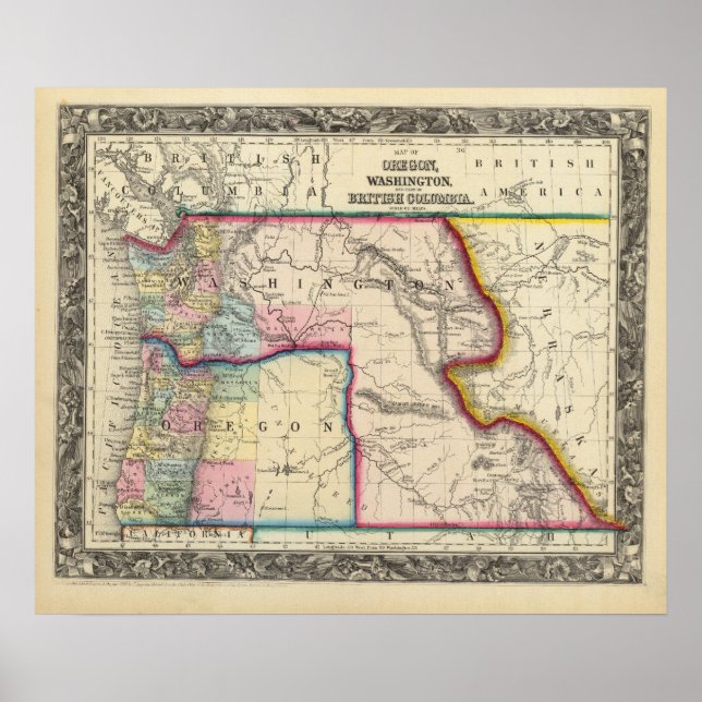 Poster Carte De L'Oregon, Washington (Devant)