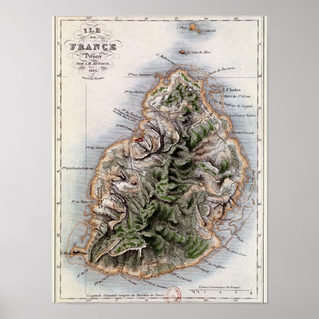 Poster Carte de Maurice, illustration 'Paul et Virginie' (Devant)