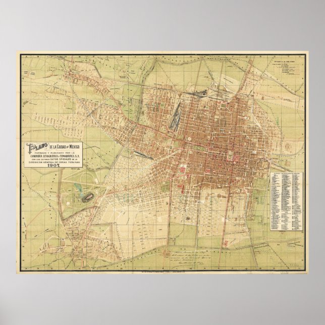 Poster Carte de Mexico City de 1907 (Devant)