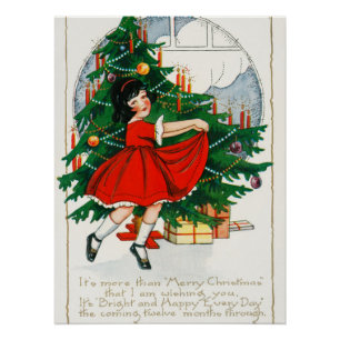 Poster Carte de Noël rétro, enfant et sapin de Noël