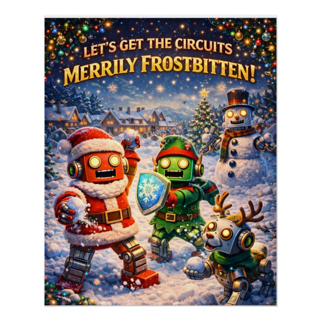 Poster Carte de Noël robot rétro bataille de boules de ne (Devant)
