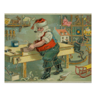 Poster Carte de Noël vintage - Santa dans son atelier