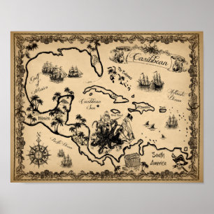 Poster Carte de pirate des Caraïbe avec Kraken