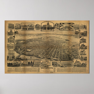 Poster Carte de Sacramento, vue d'Oiseau-Oeil, 1890