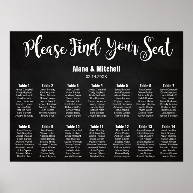 Poster Carte de siège mariage, Calligraphie Couleur perso (Devant)