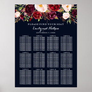 Poster Carte de siège mariage Marine Bourgogne Floral