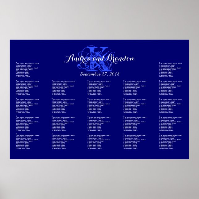 Poster Carte de siège Mariage Monogramme bleu marine (Devant)