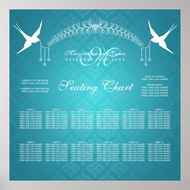 Poster Carte de siège mariage Oiseaux Monogramme Turquois (Devant)