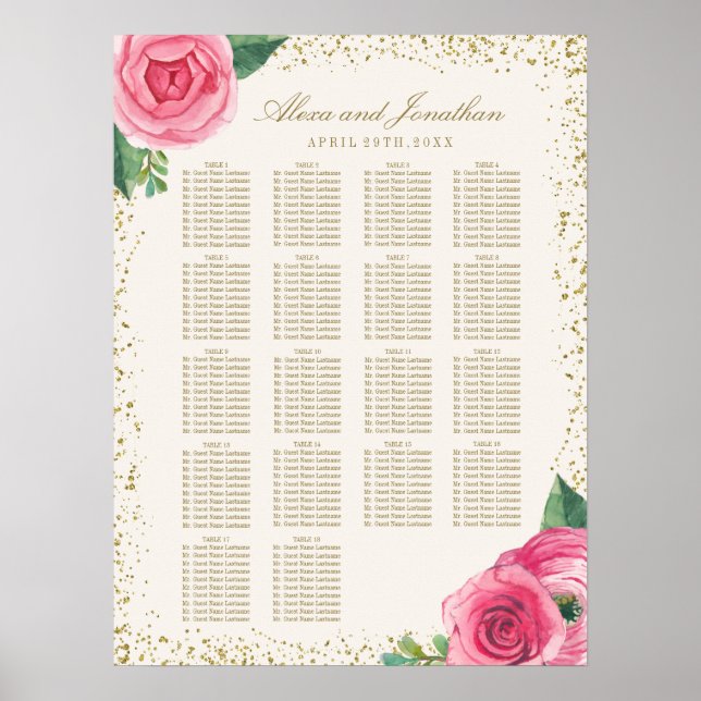 Poster Carte de sièges Roses or et rose Aquarelle (Devant)