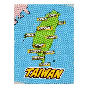 Poster Carte de Taiwan illustrée par l'art Pop