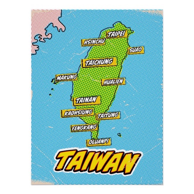 Poster Carte de Taiwan illustrée par l'art Pop (Devant)