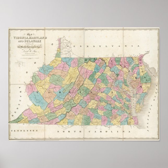 Poster Carte de Virginie, Maryland et Delaware (Devant)