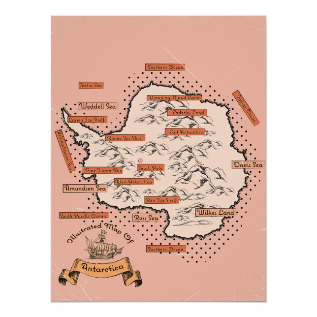 Poster Carte de voyage illustrée de l'Antarctique (Devant)