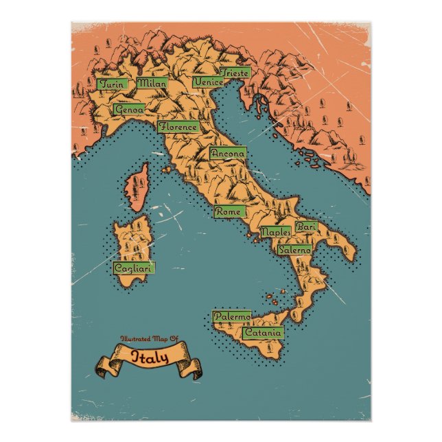Poster Carte de voyage illustrée d'Italie (Devant)