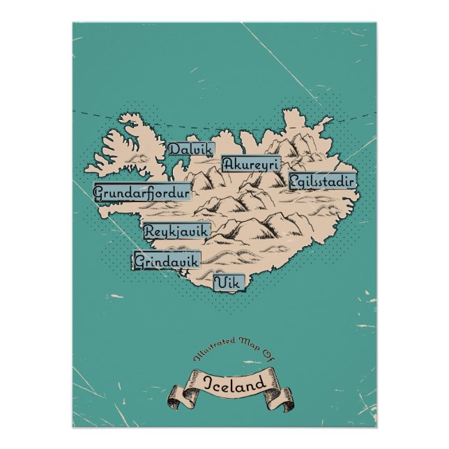 Poster Carte de voyage illustrée Islande (Devant)