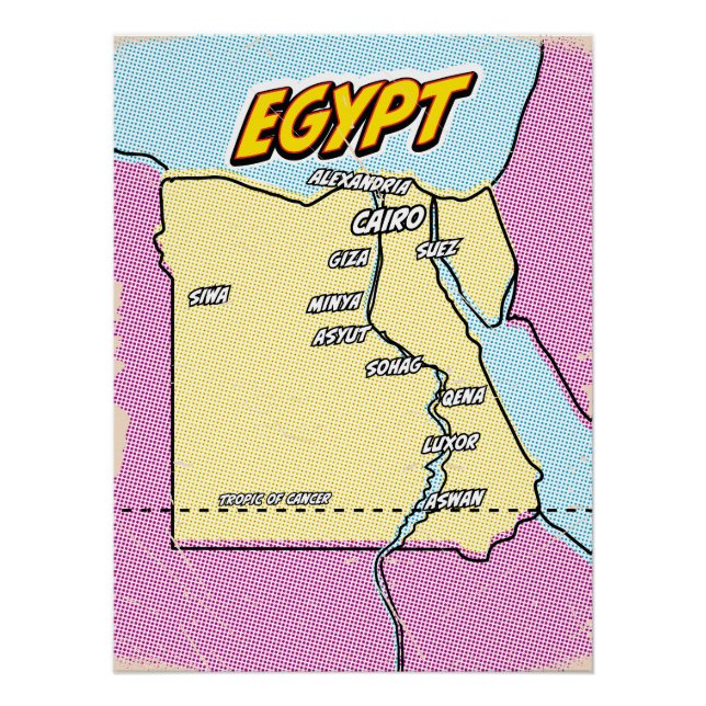 Poster Carte d'Égypte illustrée Pop Art (Devant)